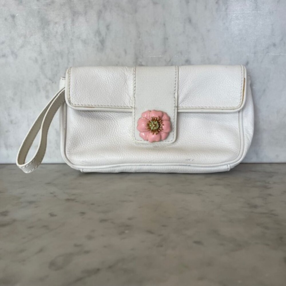 LILLY PULITZER Enamel Pink Flower White Leather Convertible Wristlet Clutch
